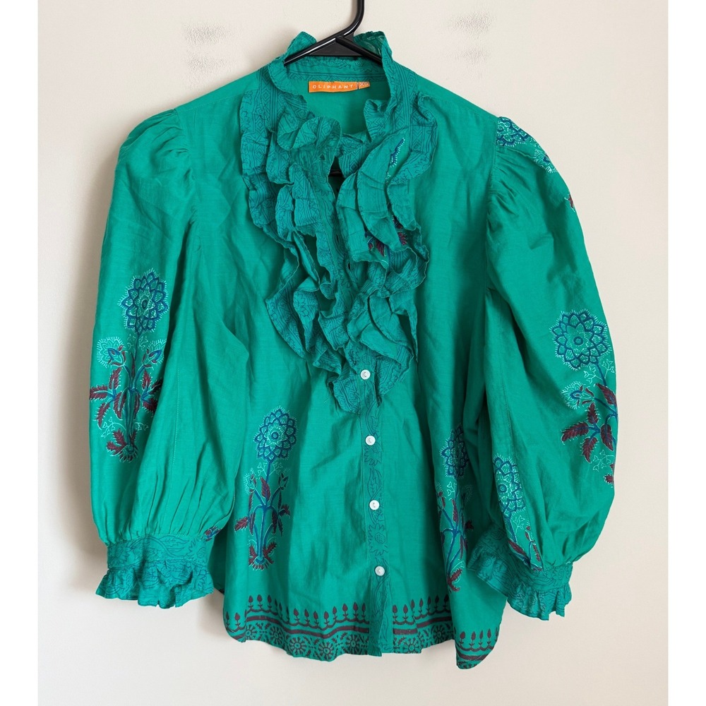Oliphant Blouse Womens XS Ruffle Green Floral Puff Sleeve Tuckerneck